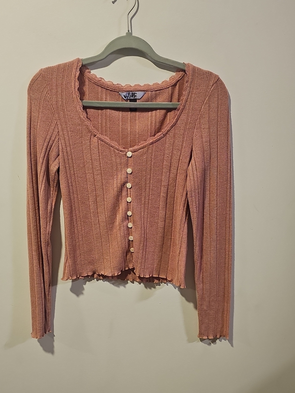 Velvet Heart Ribbed Button-Front Long Sleeve Top - Dusty Rose